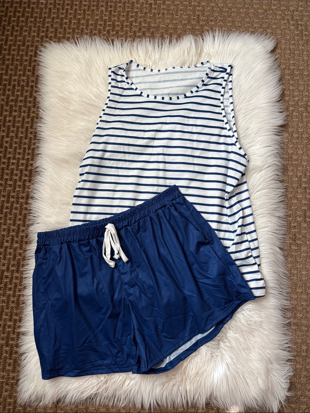 SHEIN Navy & White Striped Tank with Navy Lounge Shorts Set Size XL